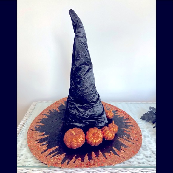Artisan black pumpkin patch Witch hat Orange sparkles 18" high One of - Picture 5 of 15